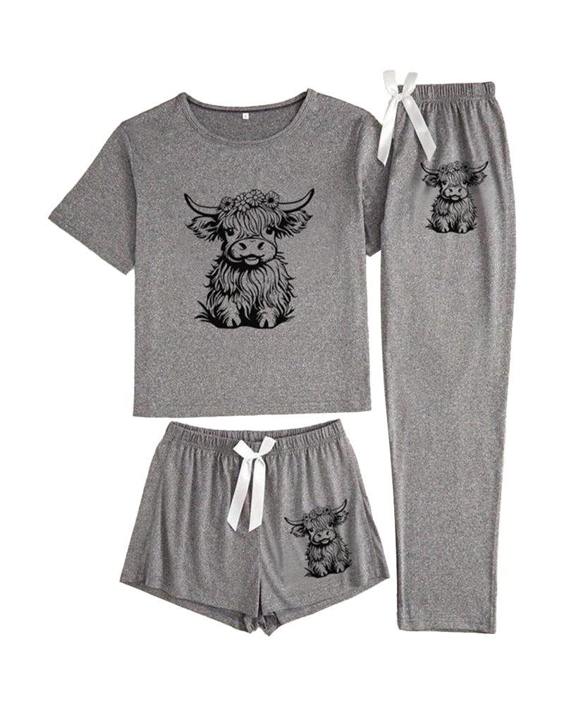 Women's Cow Print Tee & Short & Pants Pyjama Set