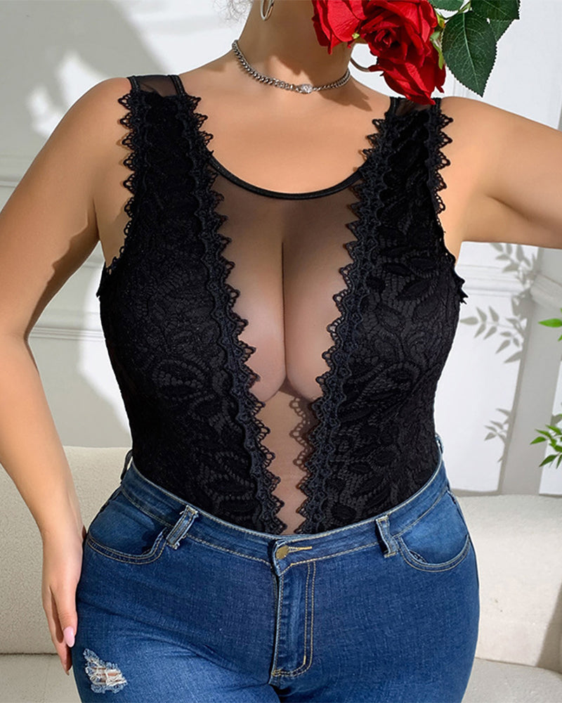 Lace stitching perspective sexy body shaping camisole jumpsuit