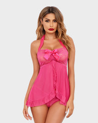 Lace Babydoll with Open Front Halter Nightgown-2 Pack