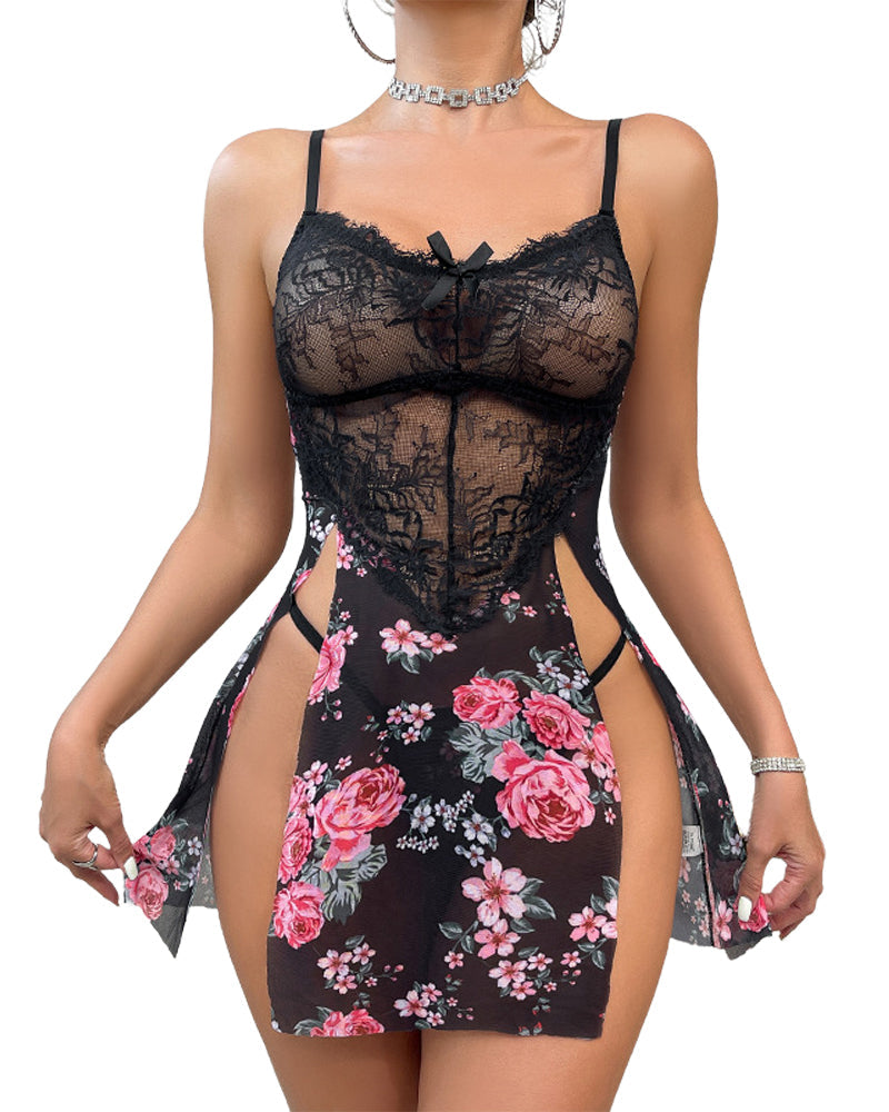 Lpmadey Women Lace Lingerie Strappy Graphic Chemise Nightgown