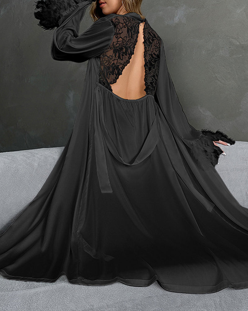 Sexy Bridal Robe & Nightgown Set with Feather Detail