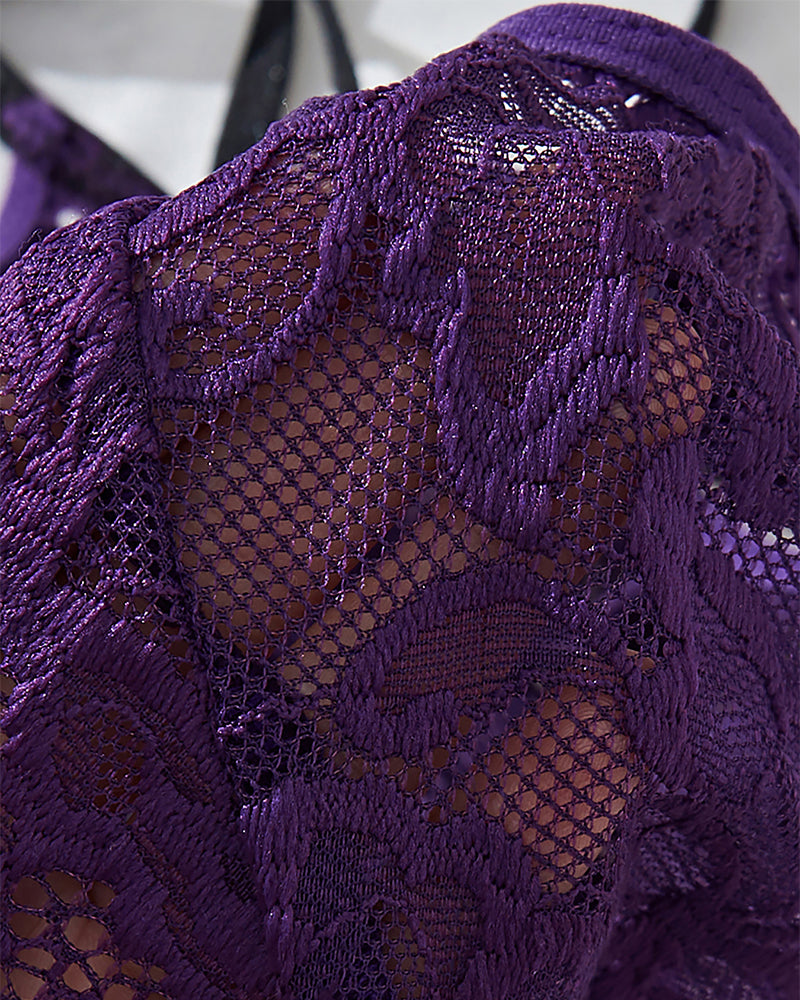 Purple sexy halter neck lace see-through lingerie set