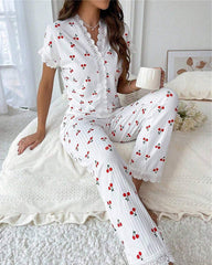 Women’s Cherry Print Loungewear Set with Lace Trim