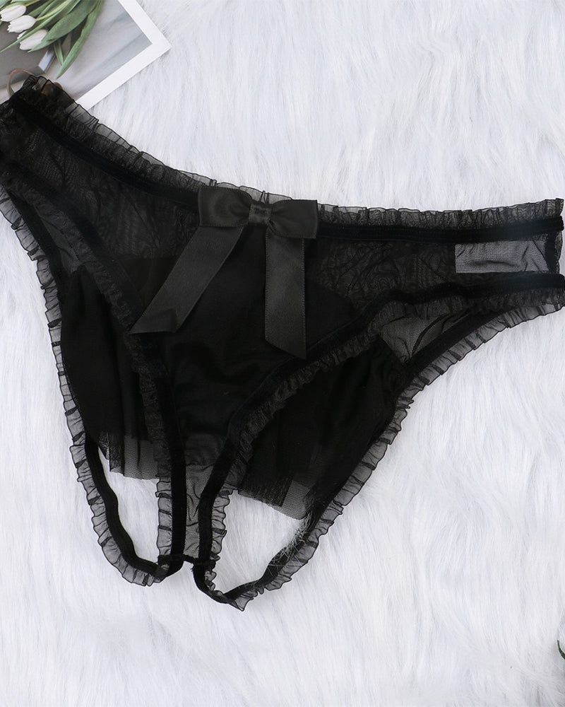 Transparent mesh printed bow panties sexy Crotchless thong