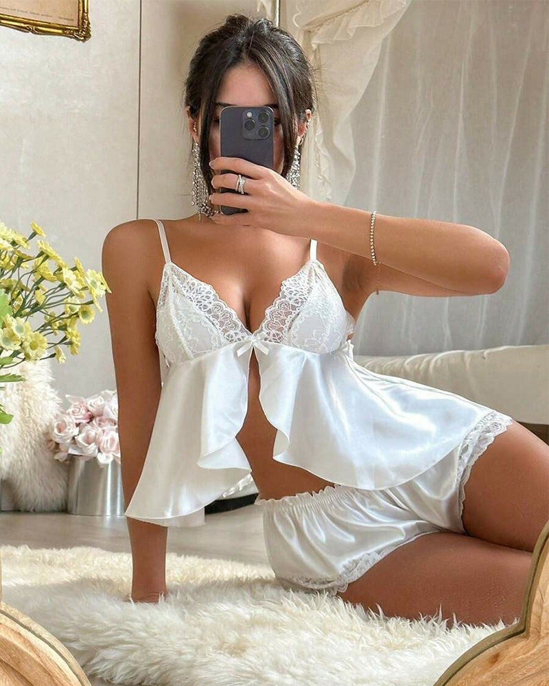 Women's Lace Splice Ruffle Trim Sexy Lingerie Set