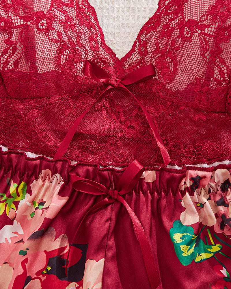 Classic Sexy Plus Floral Lace Bralette With Floral Print Satin Shorts