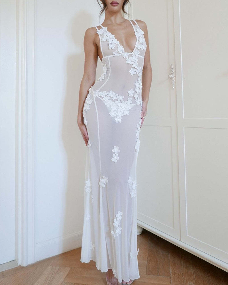 Summer Beach Vacation 3D Flower Backless Sexy Maxi Dress