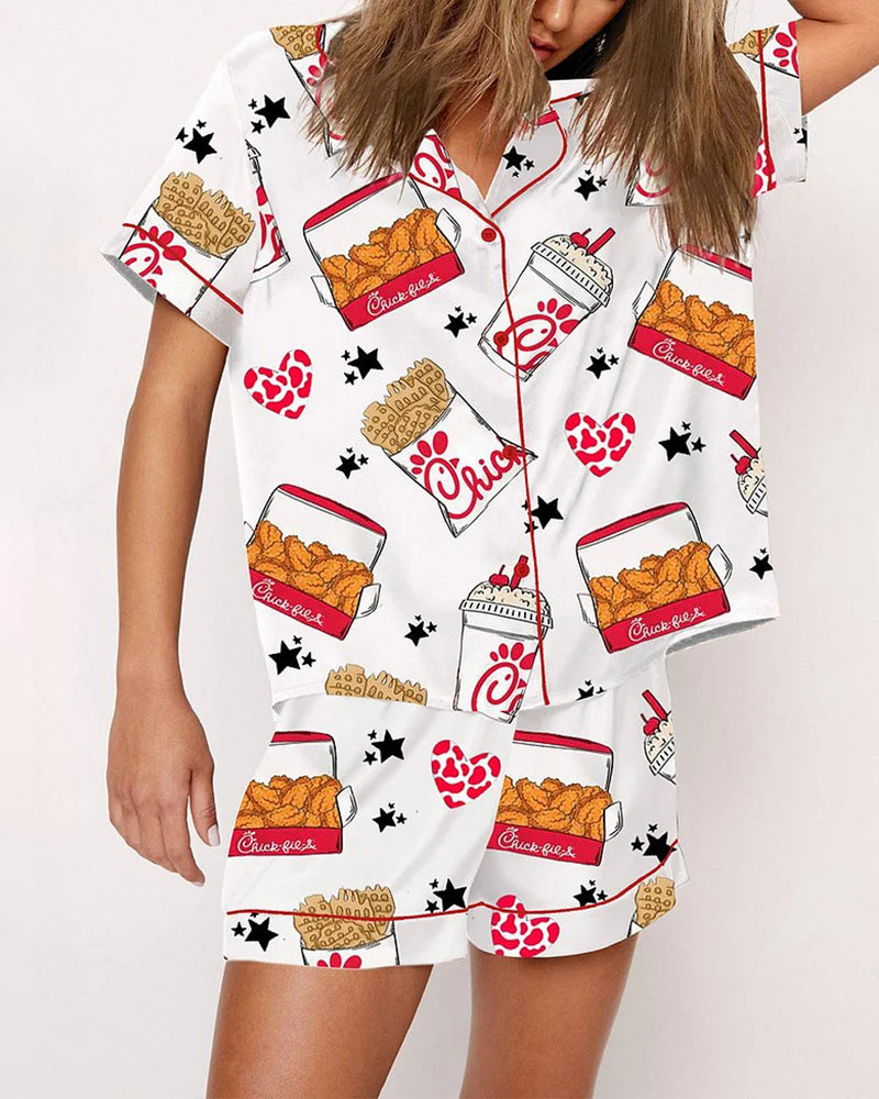 Women's  Print Shirt & Shorts Pyjama Two-piece Set