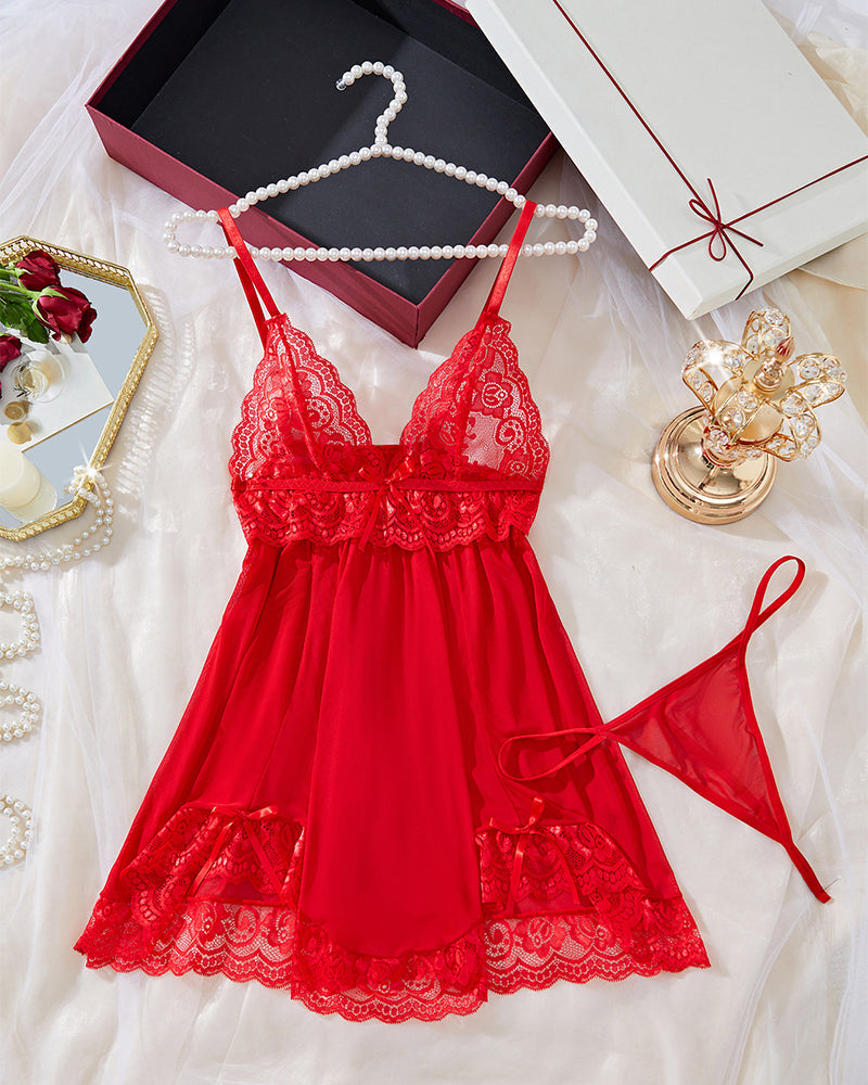 Lace semi-transparent sexy irregular hem suspender nightdress