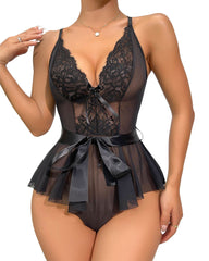 Women’s Sexy Contrast Lace Belted Teddy Bodysuit – Party Lingerie Nightwear