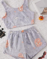 Women's Graphic Tank Top & Elastic Waist Shorts Flannel Pajama