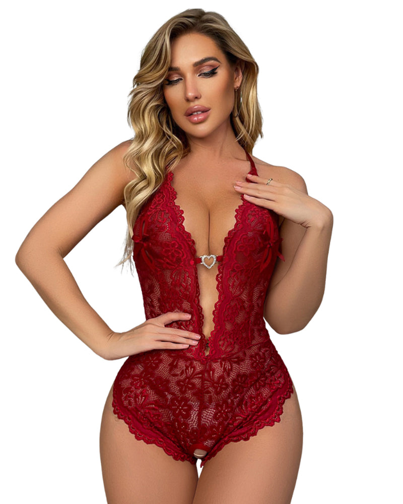 Bridal Floral Lace Scallop Trim Cut Out Sheer Crotchless Sexy Lingerie Wear