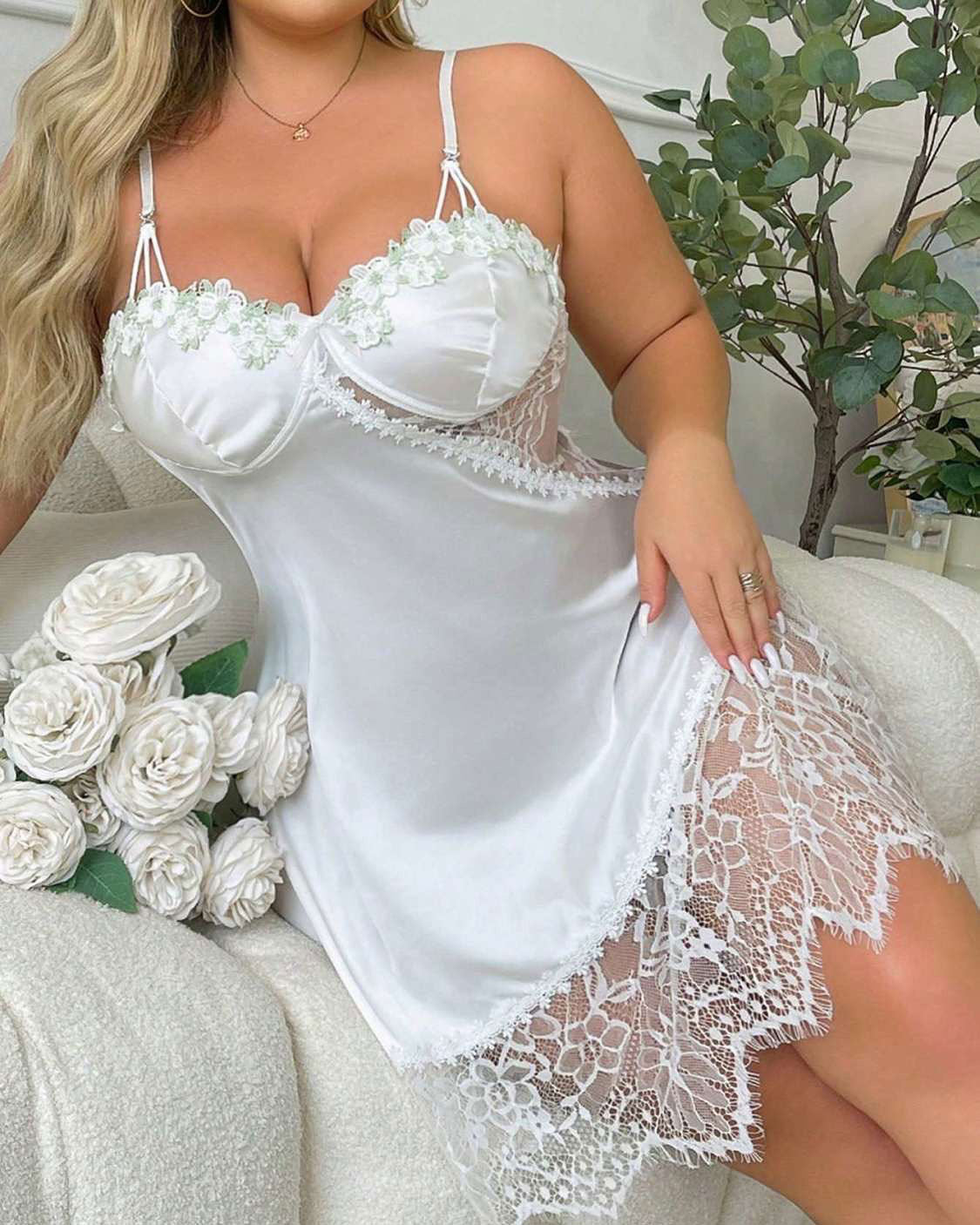 Plus Size Faux Silk Camisole Nightgown with Contrast Floral Lace