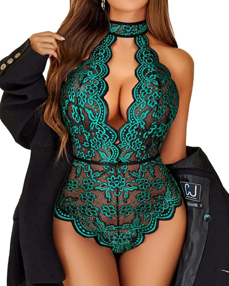 Plus Size Lingerie for Women Lace Bodysuit Halter Teddy Crotchless Nightgown