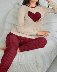 Women’s Heart Print Pajama Set – Long Sleeve Top & Pants Loungewear