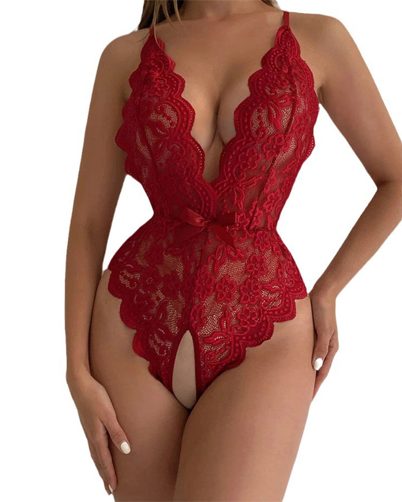 Women Sexy Lingerie Backless Lace Halter Jumpsuit