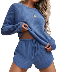 Comfy Waffle Knit Pajama Set – Long Sleeve Shirt & Shorts