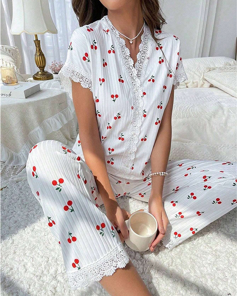 Women’s Cherry Print Loungewear Set with Lace Trim