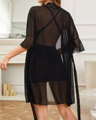 3 Piece Babydoll & Lace Kimono Robe Strap Chemise Nightgown