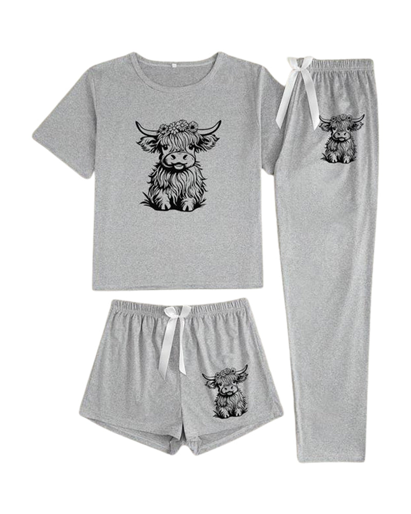 Women's Cow Print Tee & Short & Pants Pyjama Set