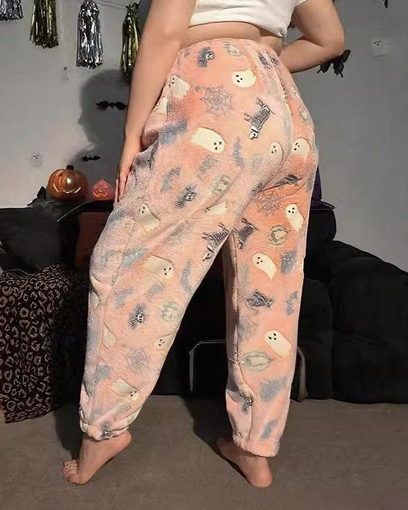Halloween luminous flannel autumn and winter plus velvet graffiti luminous pants