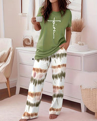 Comfy Striped Short Sleeve Lounge Set with Wide-Leg Pants