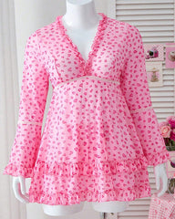 Plus Size Pink Heart Print Mesh Lace Cami Nightdress Set with Panty