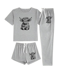 Women's Cow Print Tee & Short & Pants Pyjama Set