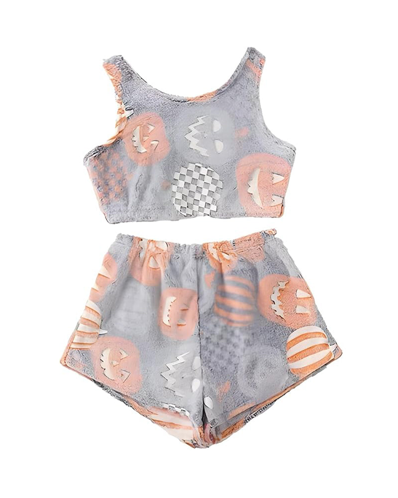 Women's Graphic Tank Top & Elastic Waist Shorts Flannel Pajama