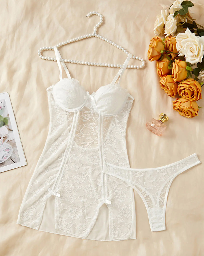 Sexy Bow Cut Out Backless Adjustable Cami Dress with Thong Lingerie Set