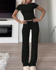 Women's Plain Shortsleeve Top & Drawstring Pants Loungewear Set