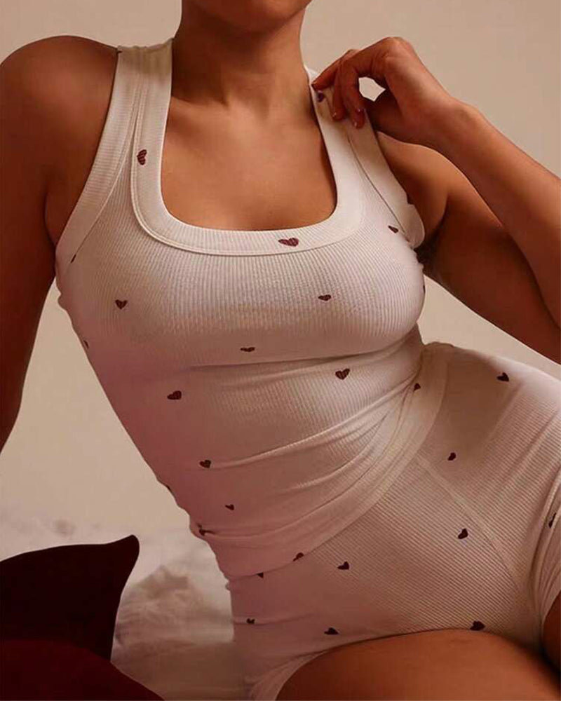 Women's 2 Pieces Pajamas Set Heart Pattern U Neck Sleeveless Tank and Casual Strechy Waist Shorts Set