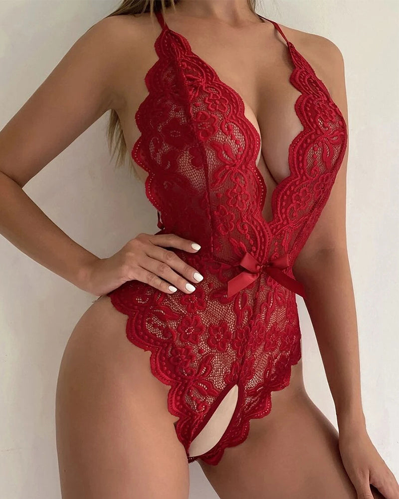 Women Sexy Lingerie Backless Lace Halter Jumpsuit