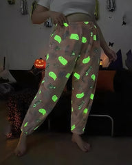 Halloween luminous flannel autumn and winter plus velvet graffiti luminous pants