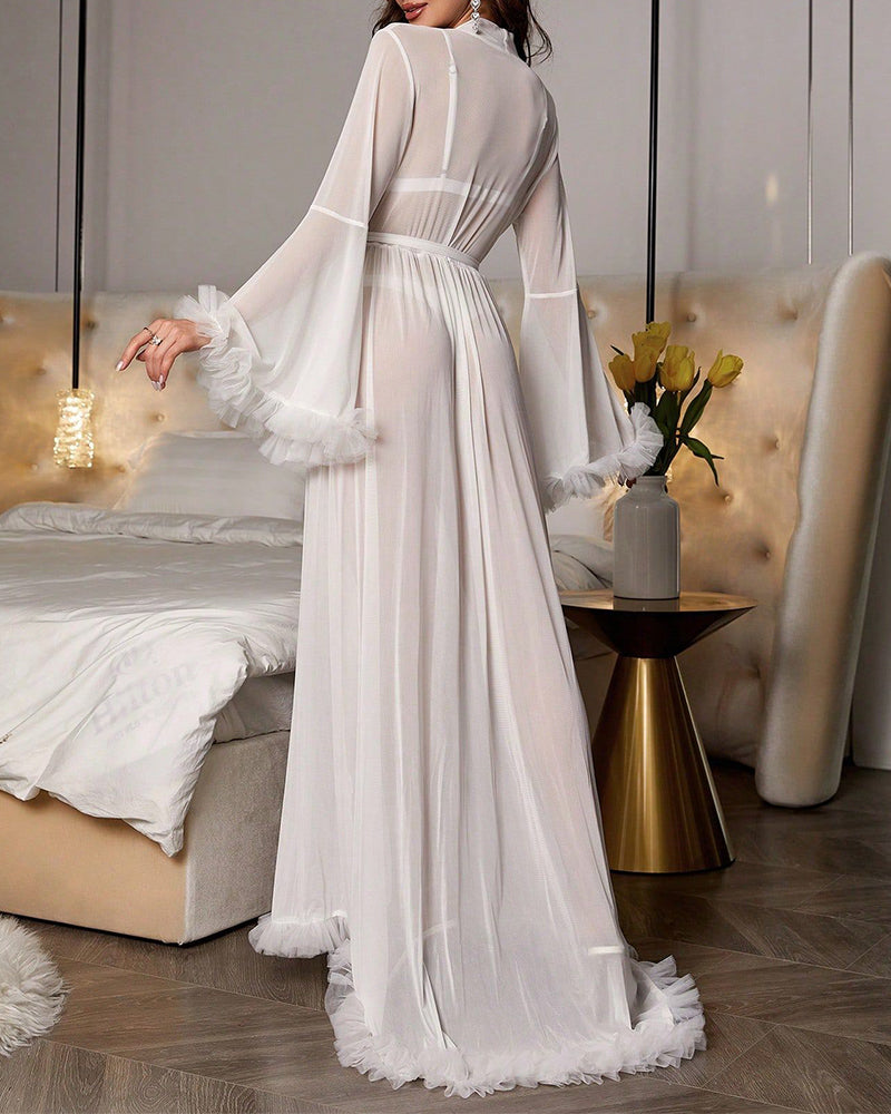 Ruffle Trim Long Sleeve Belted Sheer Mesh Wedding Bride Robe Nightgown,wedding party, Valentine's Day Gift