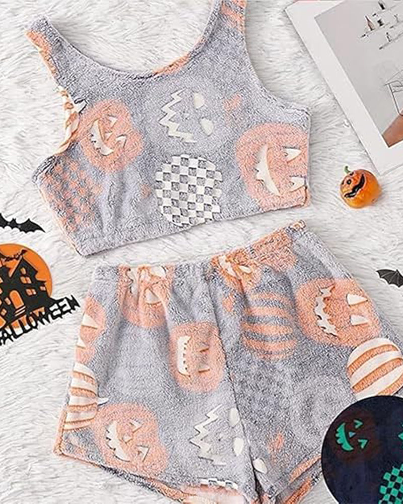 Women's Graphic Tank Top & Elastic Waist Shorts Flannel Pajama