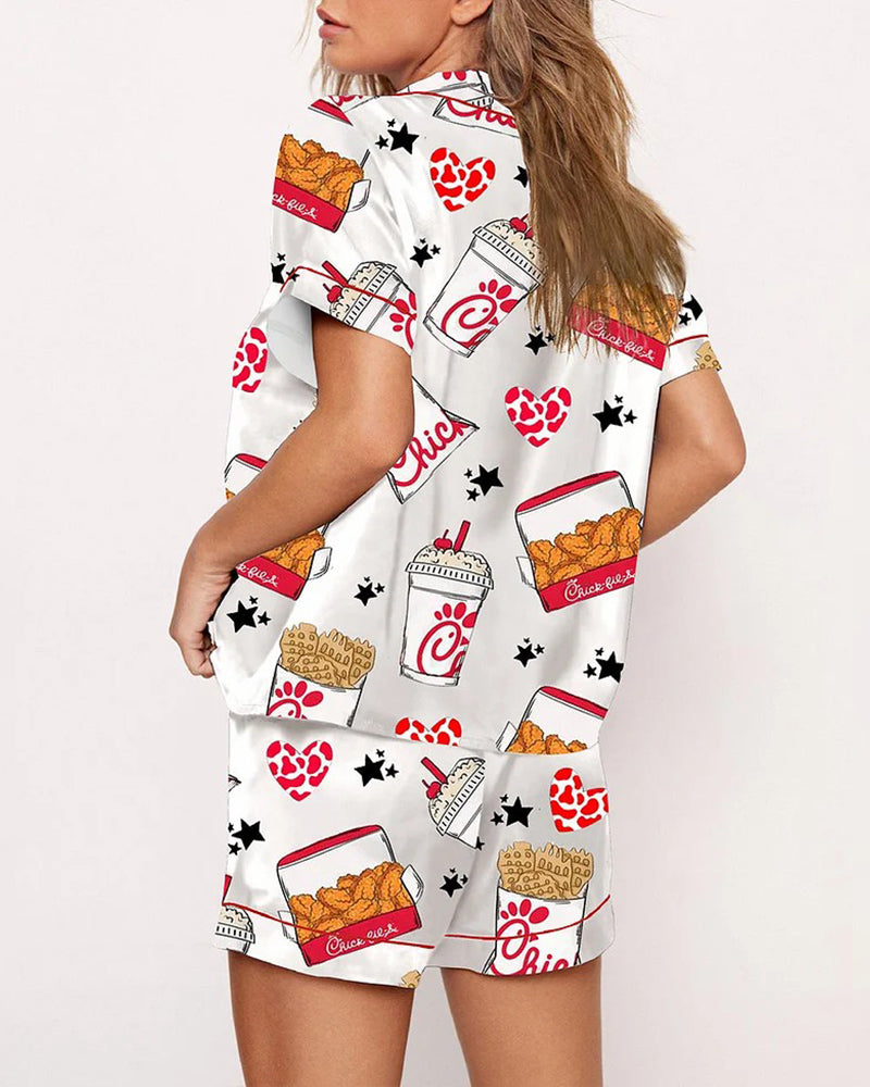 Women's  Print Shirt & Shorts Pyjama Two-piece Set
