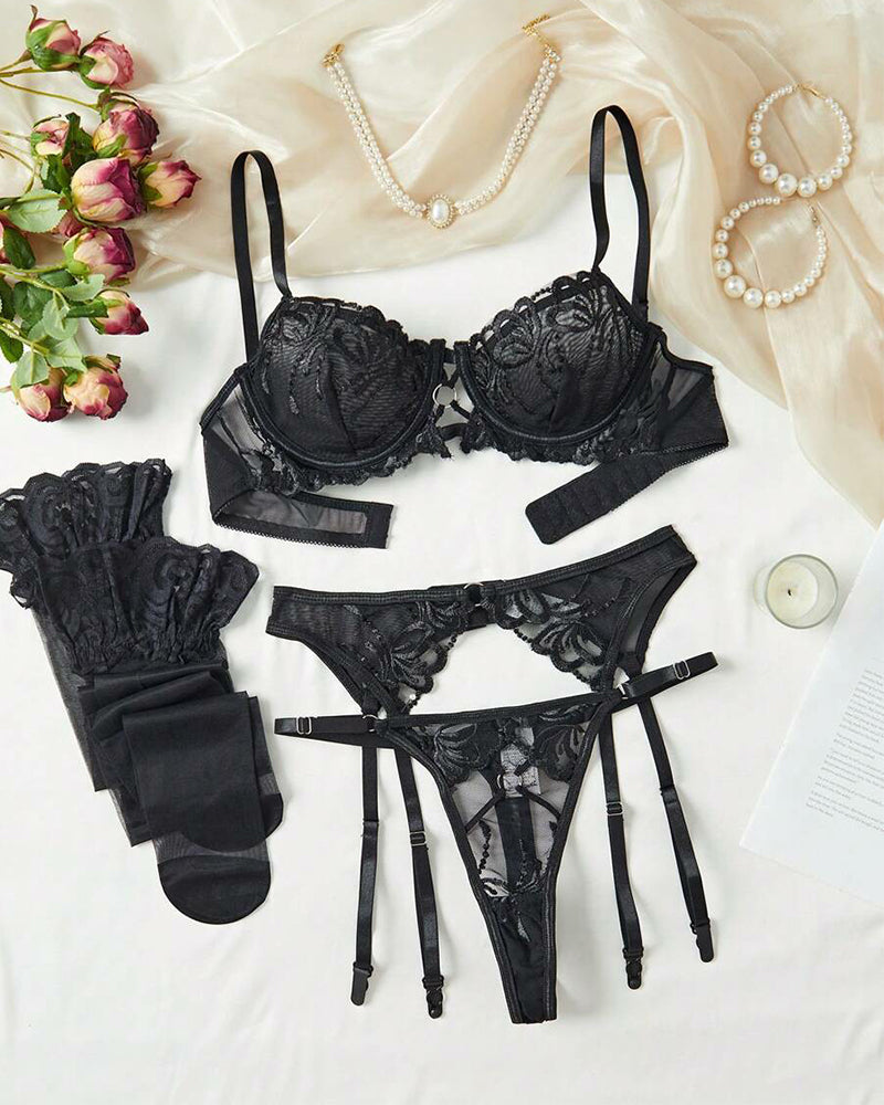 Embroidery Mesh Ring Linked Garter Underwire Lingerie Set