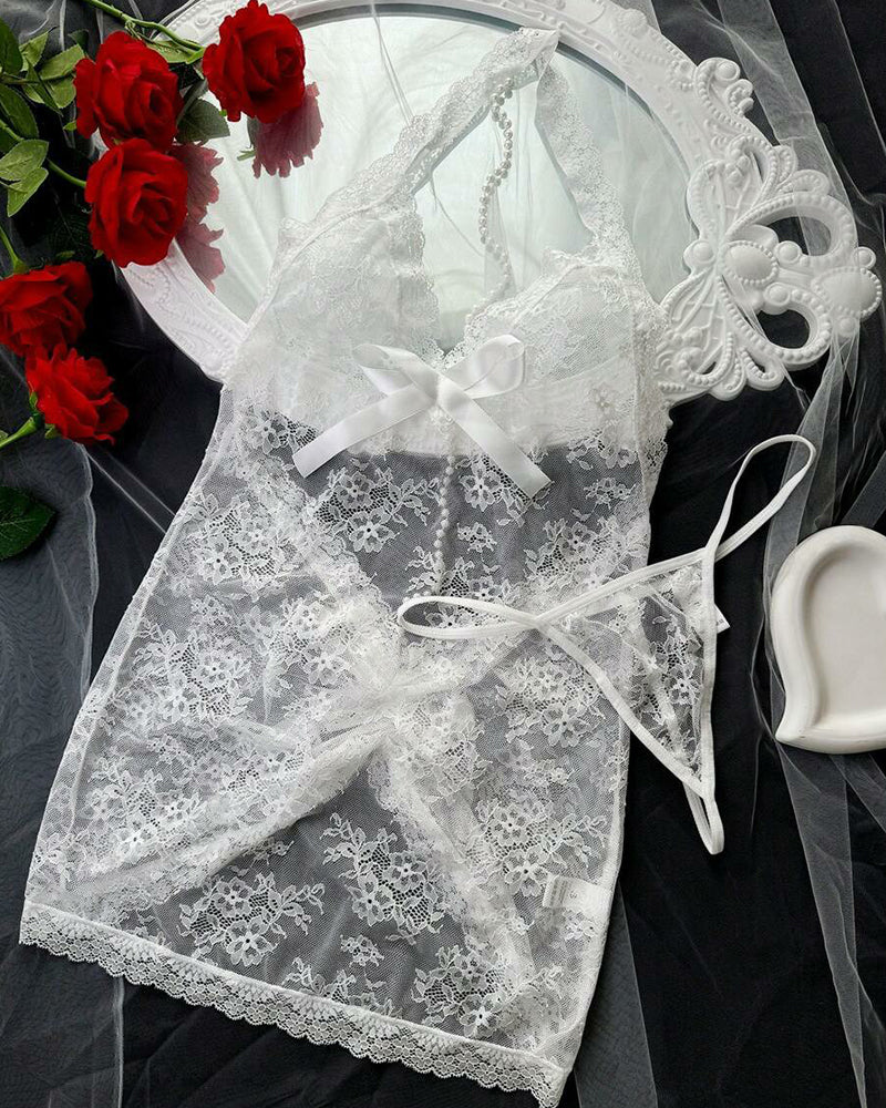 Classic Sexy Women's Lace See-Through Backless Halter Sexy Lingerie Set, Suitable For Wedding