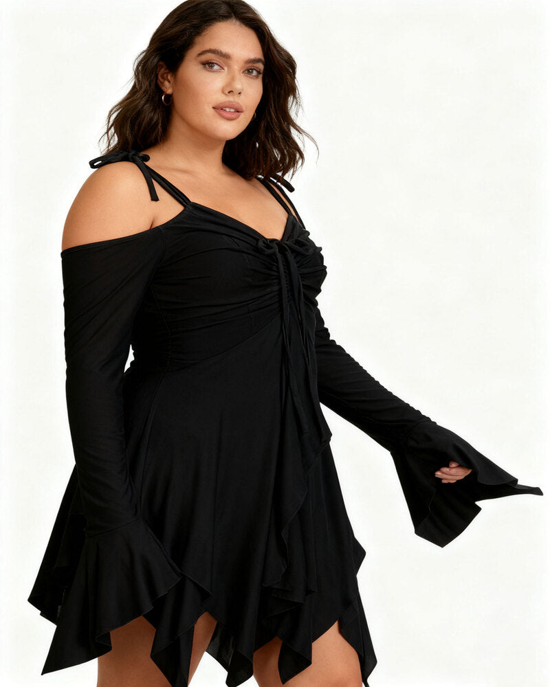 Women's Halloween Plain Ruched Drawstring Cold Shoulder Dress