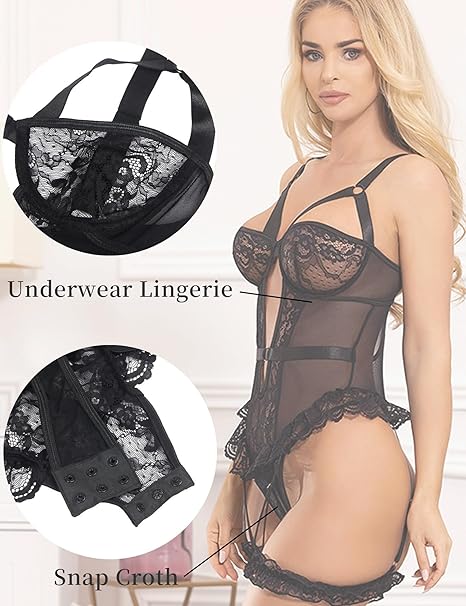Women's Contrast Lace Cut Out Ring Linked Sexy Lingerie