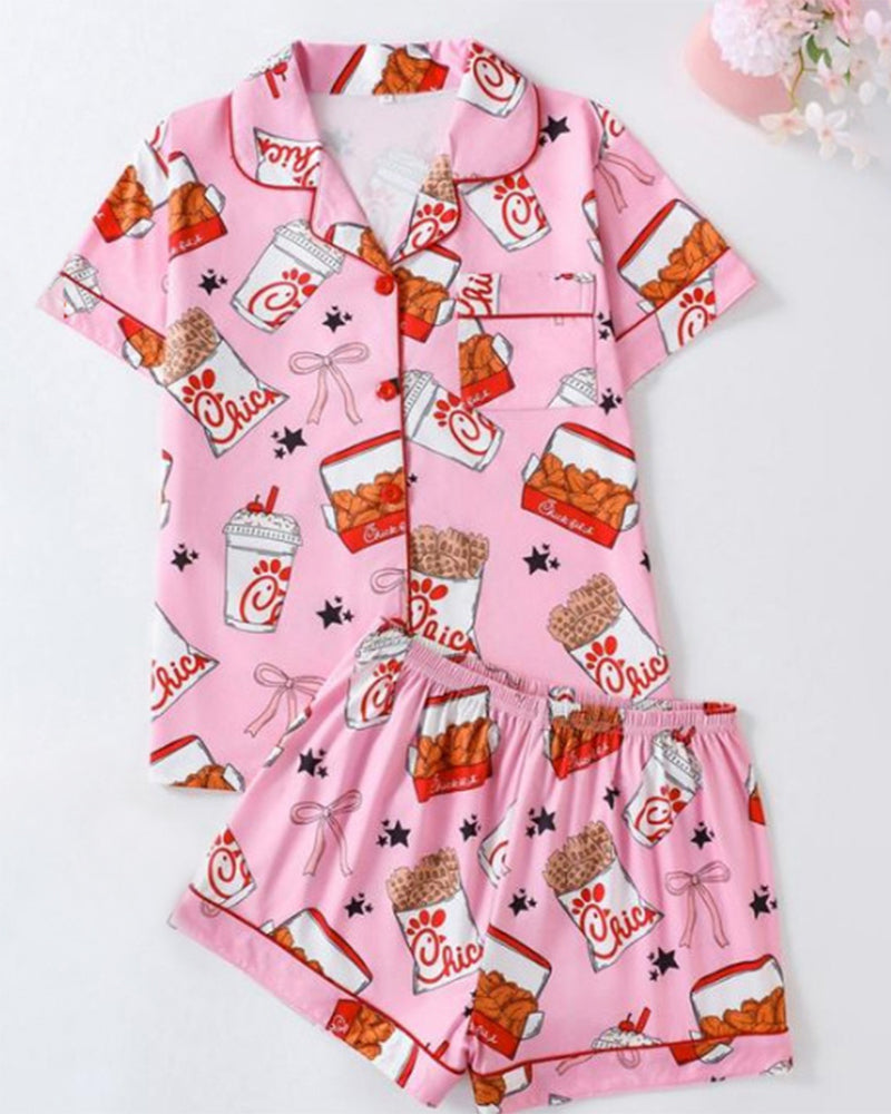 Women's  Print Shirt & Shorts Pyjama Two-piece Set