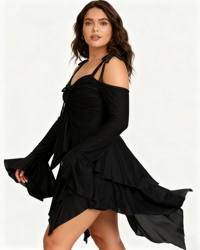 Women's Halloween Plain Ruched Drawstring Cold Shoulder Dress