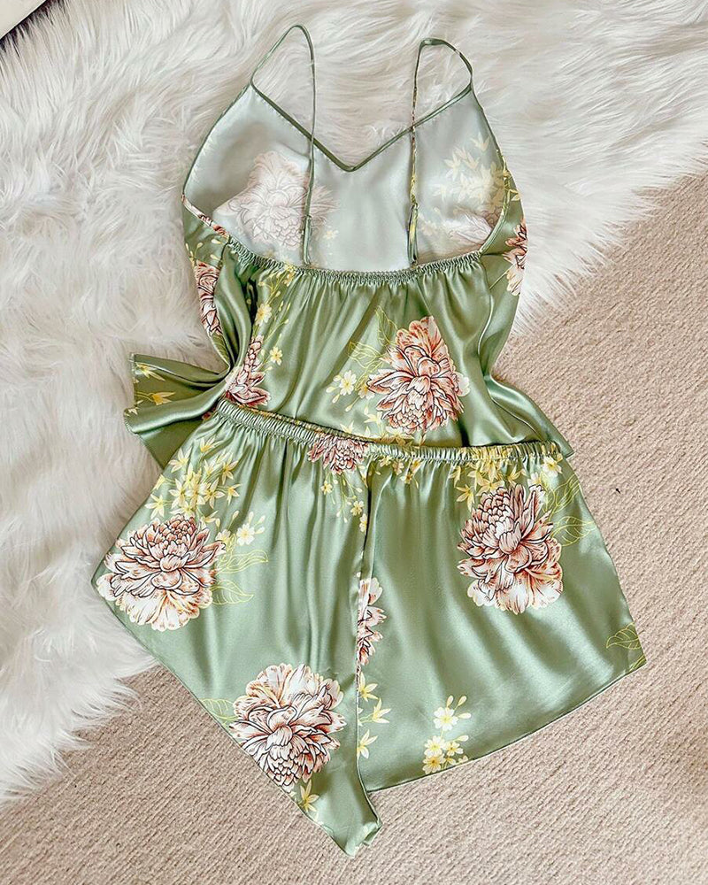 Sexy V-Neck Satin Cami & Shorts Pajama Set with Elegant Floral Print
