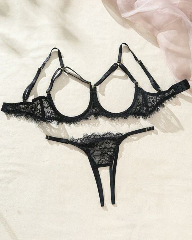 Underwire Floral Lace Sheer Lingerie Set for Women 2 Piece