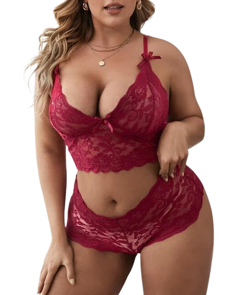 Lace Embroidery Mesh See-through Sexy Lingerie Plus Size Set