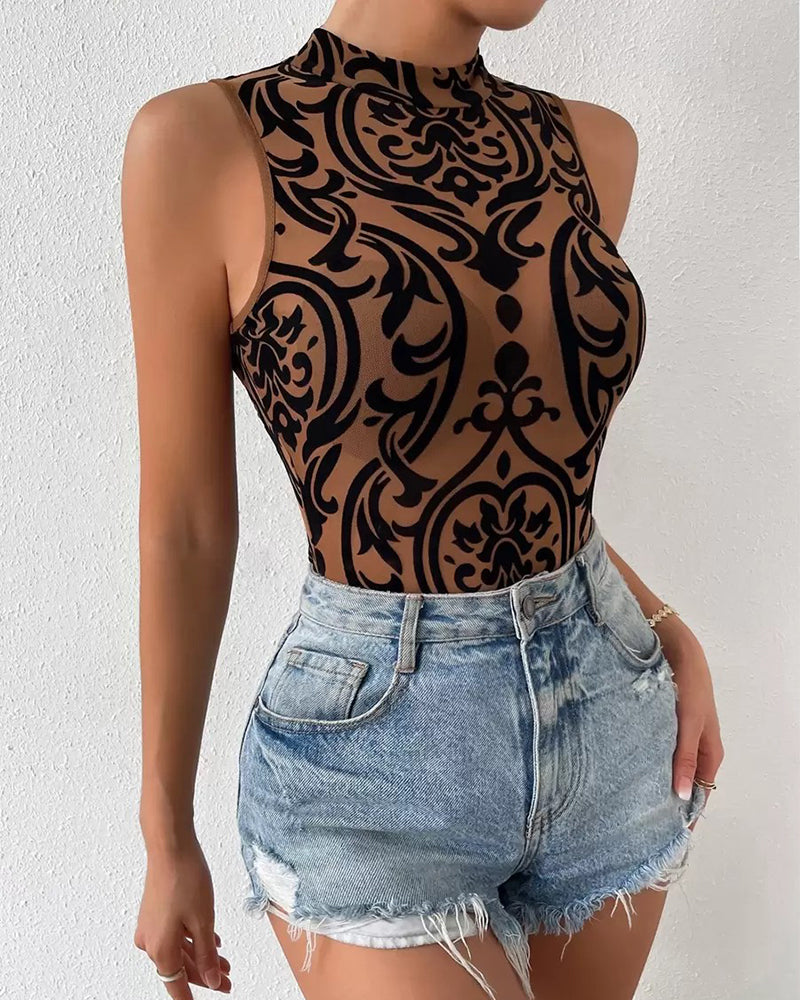 rinted Stand Collar Bodysuit