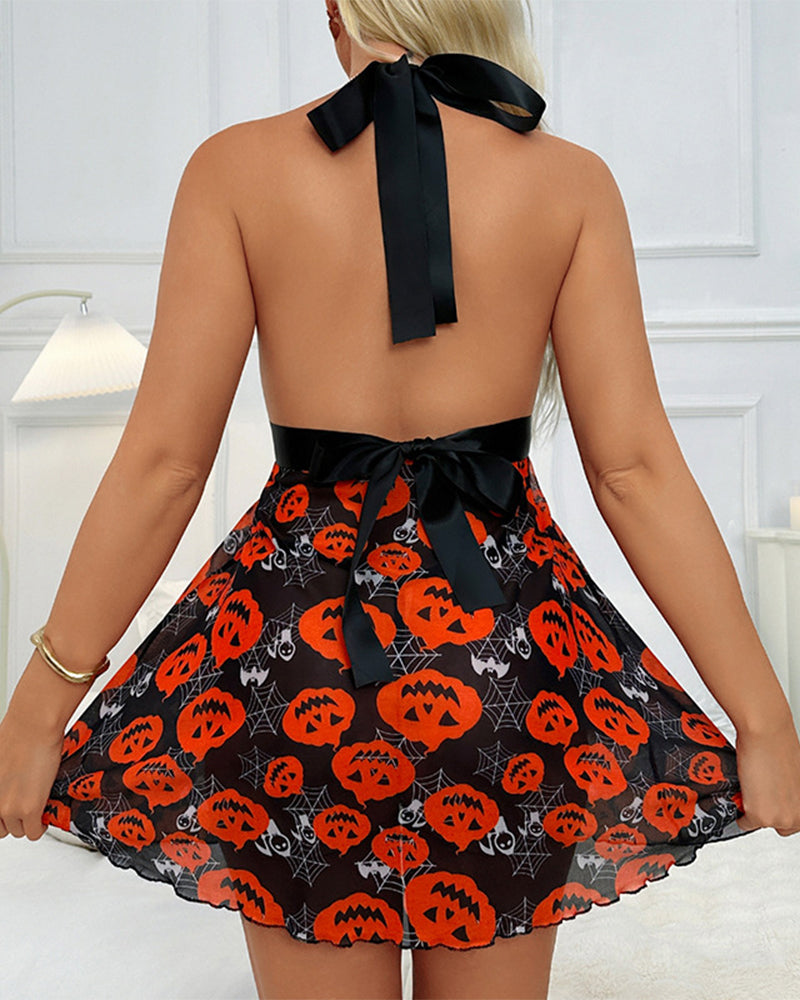2 Pieces/Set Women's Sexy Black Mesh Nightgown with Choker Strap Floral Print Lingerie Set for Halloween Home Party