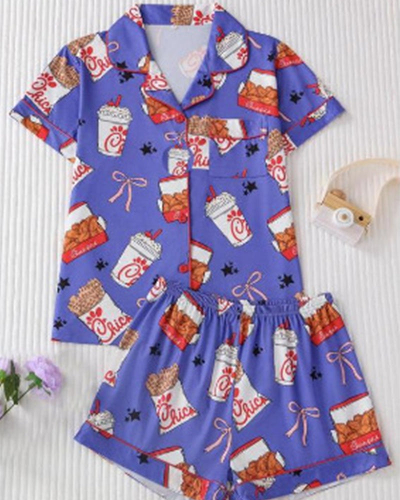 Women's  Print Shirt & Shorts Pyjama Two-piece Set