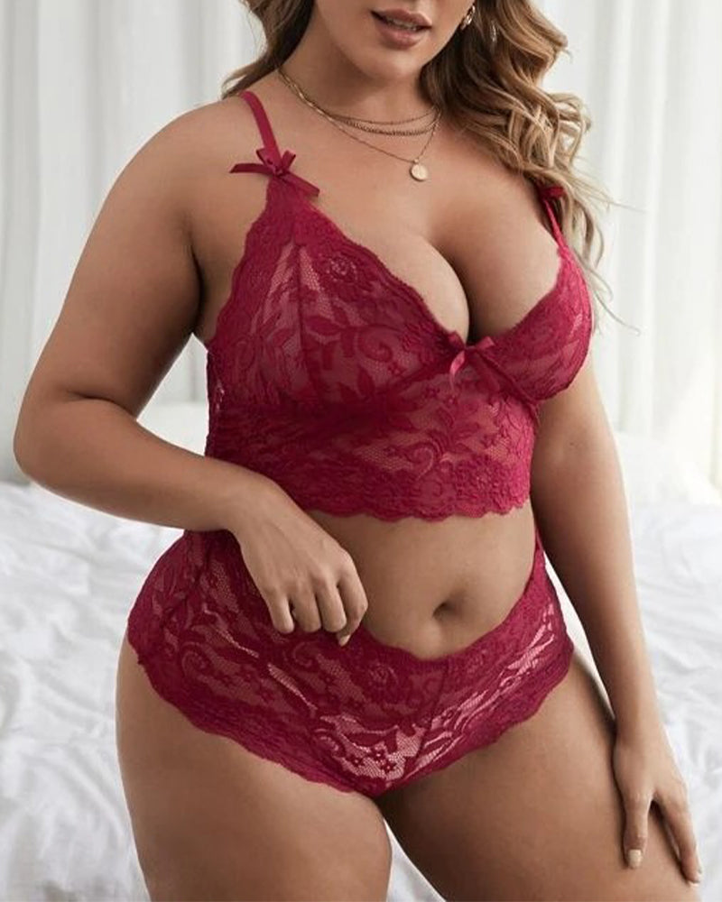 Lace Embroidery Mesh See-through Sexy Lingerie Plus Size Set